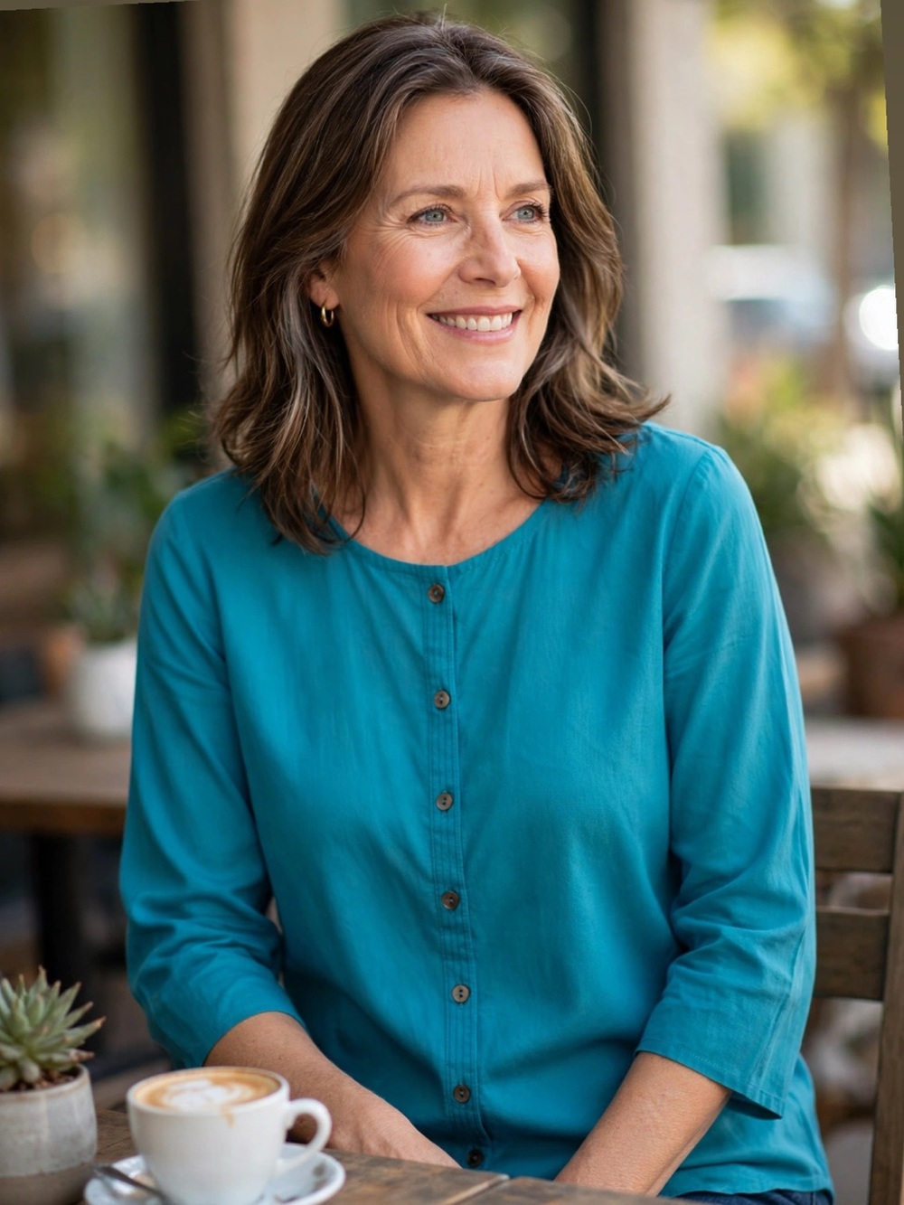 Gudrun Sjoden || Teal Organic Cotton Button Front 3/4 Sleeve Blouse Small